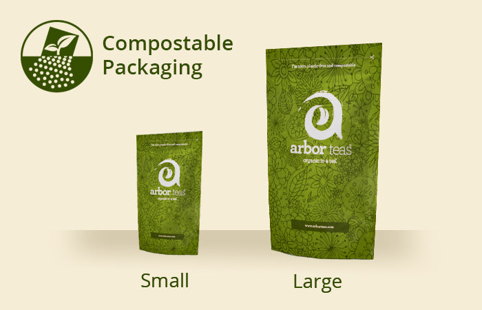 Two green Arbor Teas compostable tea bags labeled small and large