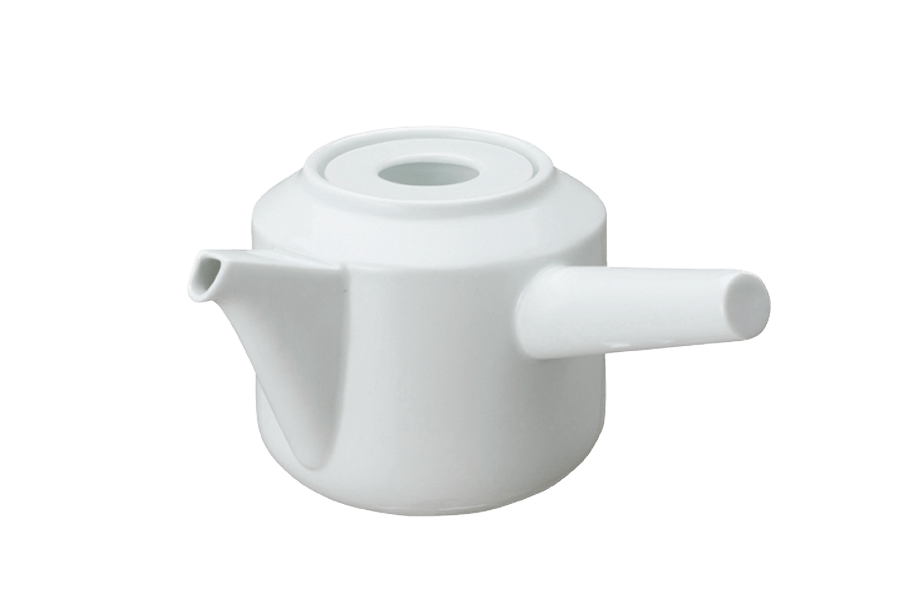 White ceramic teapot with straight handle
