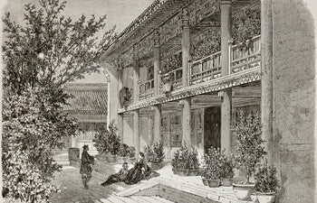 Vintage illustration of a courtyard with traditional architecture and people sitting on the ground.