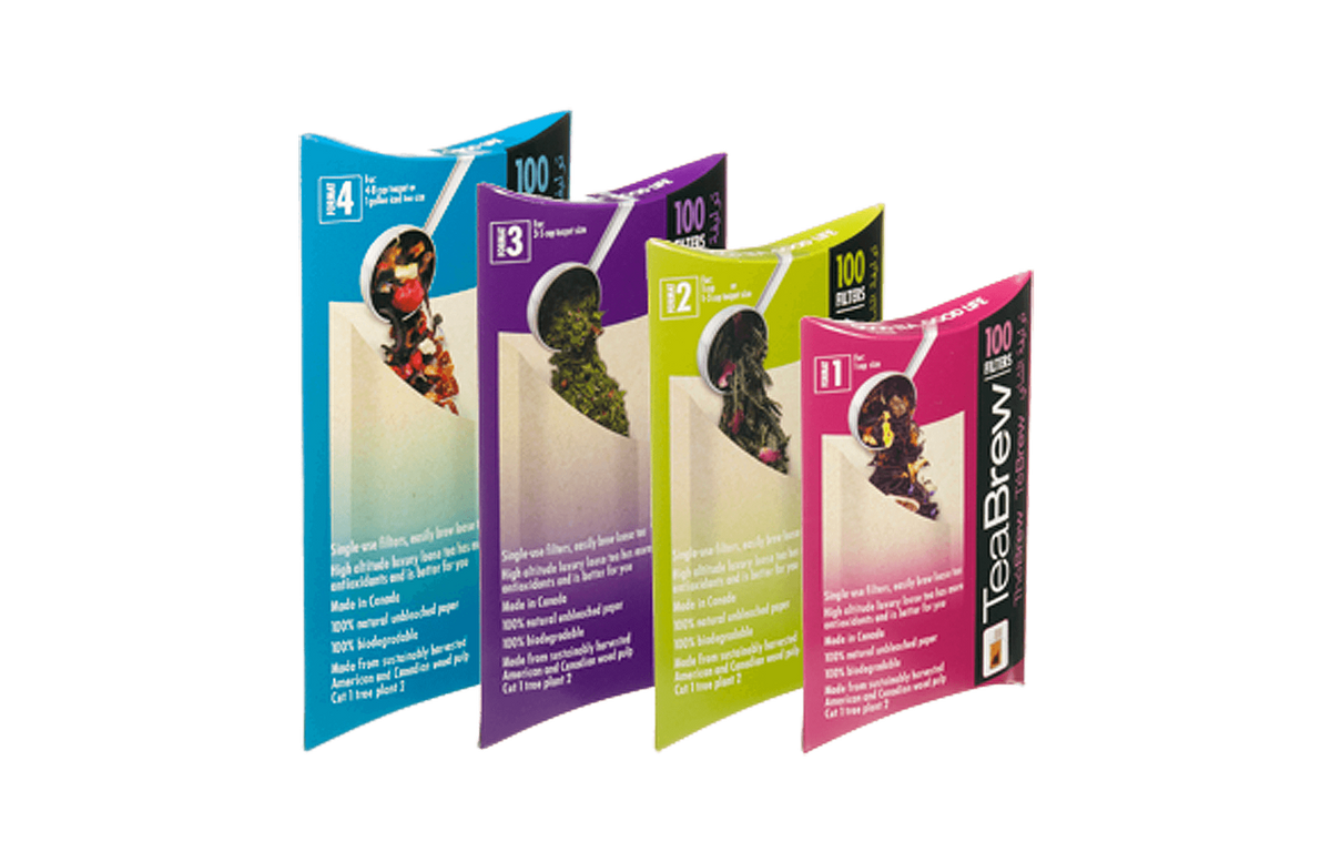 Four sizes of tea bags with branding