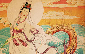Traditional Chinese painting of a figure with a dragon on a colorful background