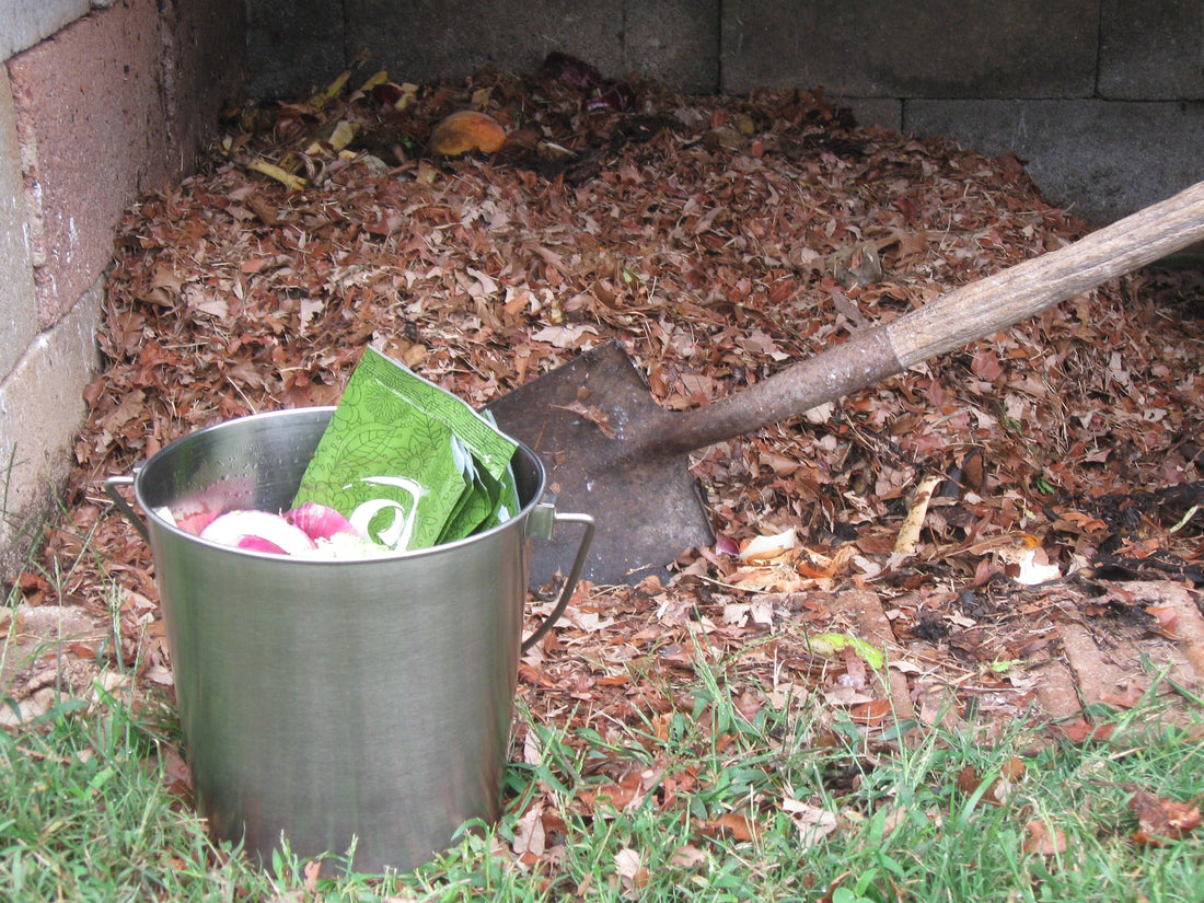 Metal compost pail with food scraps and Arbor Teas compostable packaging in front of compost pile