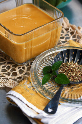 Glass bowl filled with Butternut Squash Soup