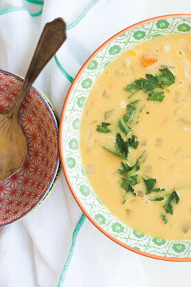 Bowl filled Chamomile Corn Chowder 