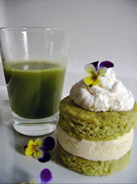 Matcha Cake displayed with a glass of matcha