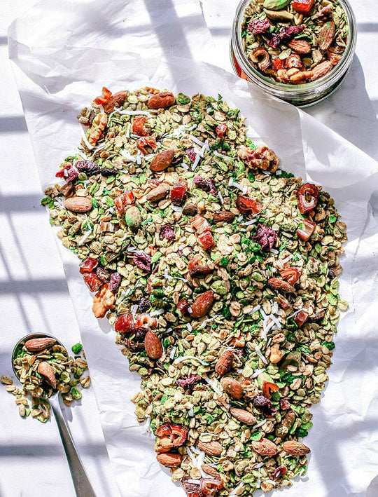 Matcha Granola artfully displayed on white cloth
