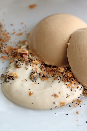 Scopes of Thai Tea Cream with almond crisp and coconut curd
