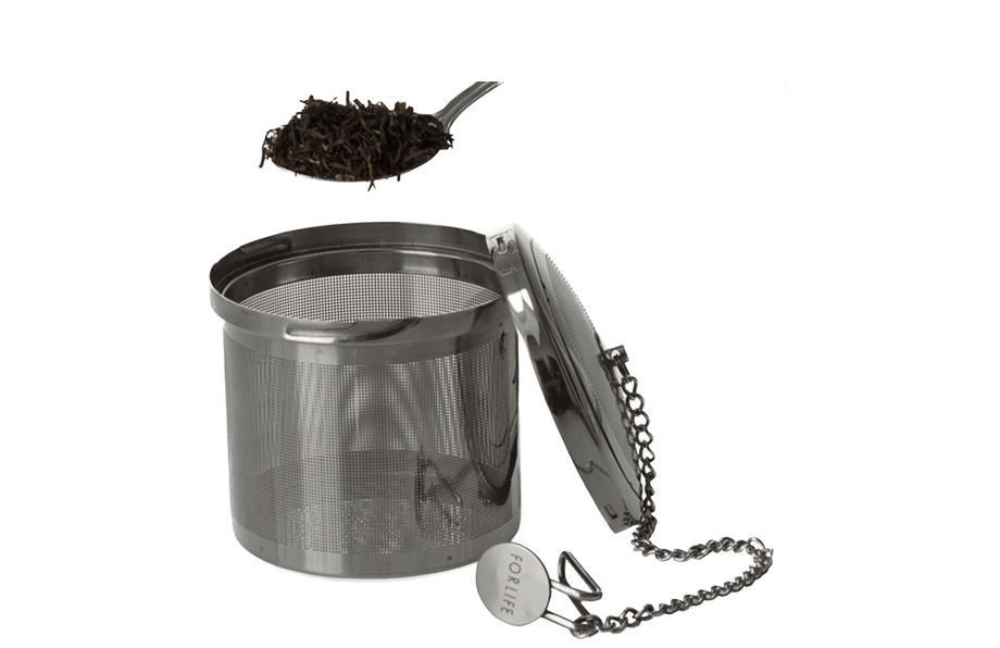 Stainless steel tea strainer with tea leaves