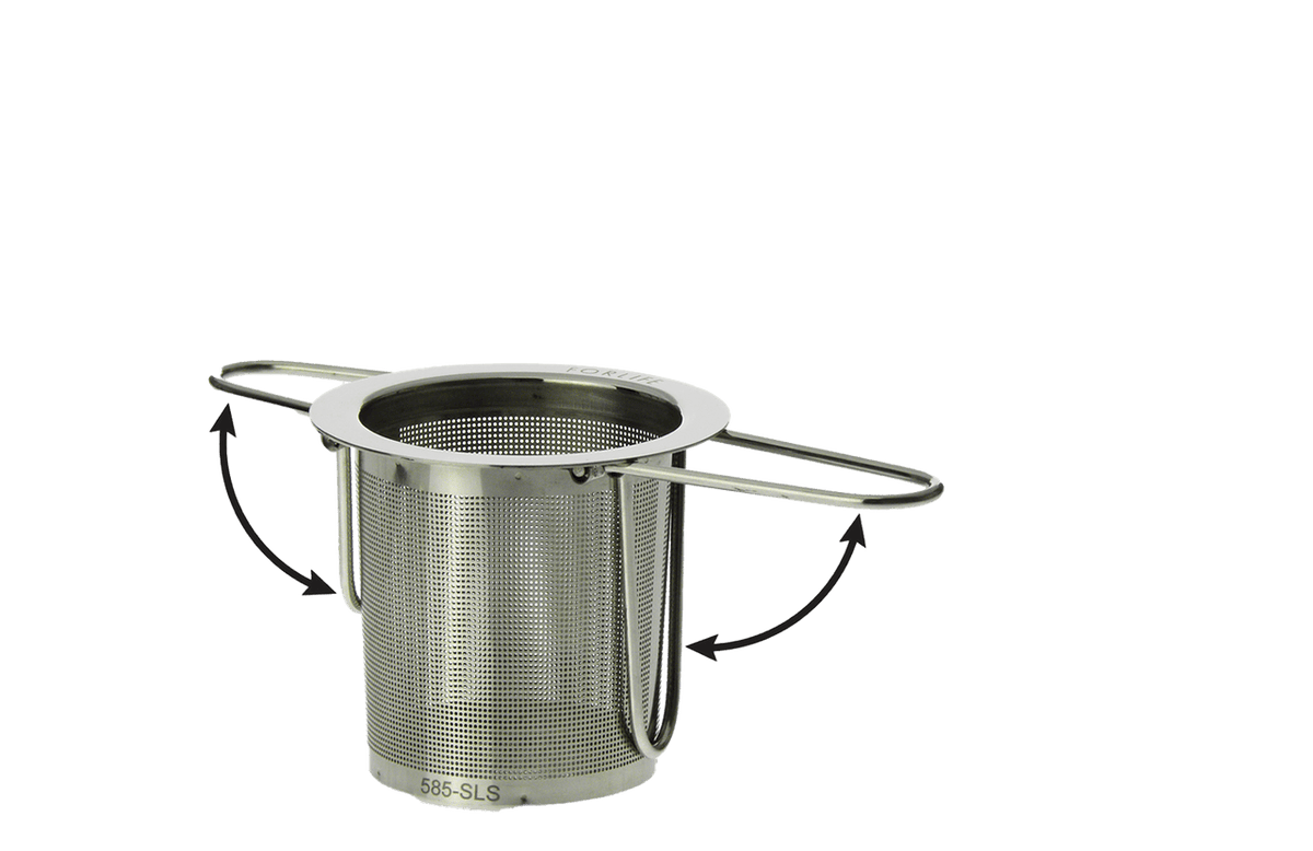 Stainless Steel tea infuser with arrows to indicate movable handles
