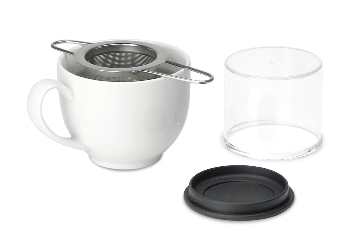 Stainless Steel infuser resting in white mug with case and lid