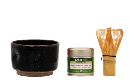 Tenmoku Matcha Bowl, tin of matcha and bamboo whisk