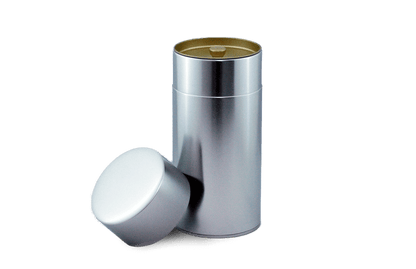 Silver cylindrical container with lid