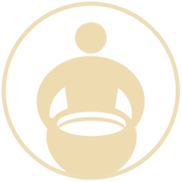 Circular icon with a stylized figure inside, resembling a person with a cup.