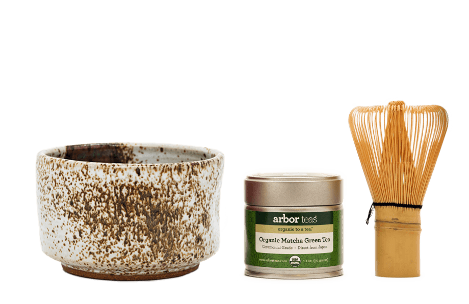 Michigan Sand Matcha Bowl, tin of matcha and bamboo whisk