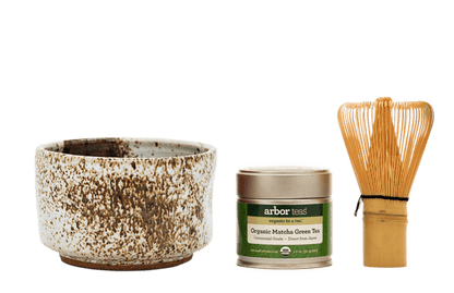 Michigan Sand Matcha Bowl, tin of matcha and bamboo whisk