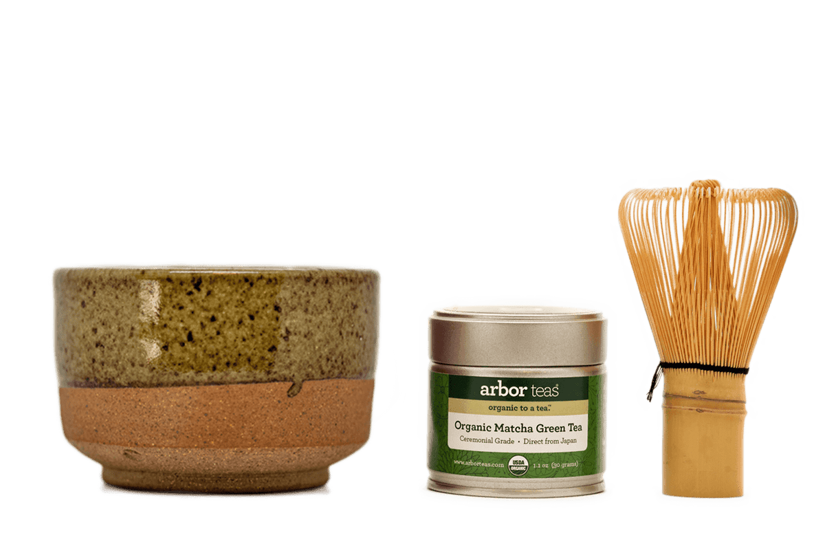 Volcanic Ash Matcha Bowl, tin of matcha and bamboo whisk
