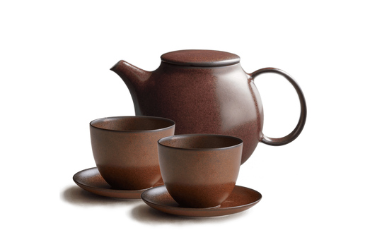 Brown Ceramic teapot and two cups and saucers