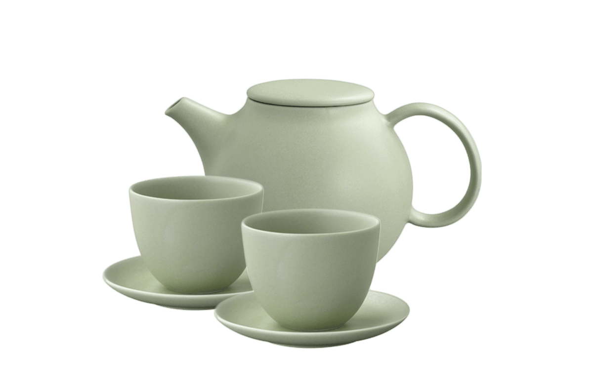Moss Ceramic teapot and two cups and saucers