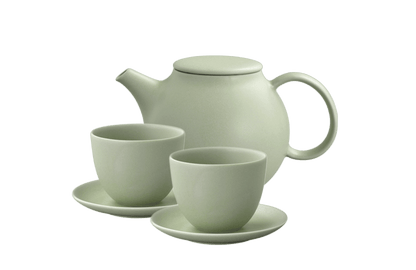 Moss Ceramic teapot and two cups and saucers