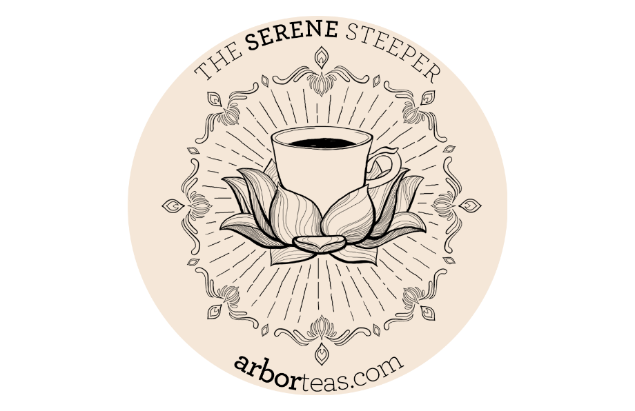 Logo for 'The Serene Steeper' with a cup and lotus flower