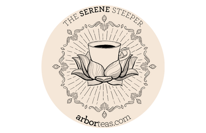 Logo for 'The Serene Steeper' with a cup and lotus flower