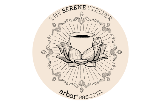 Logo for 'The Serene Steeper' with a cup and lotus flower