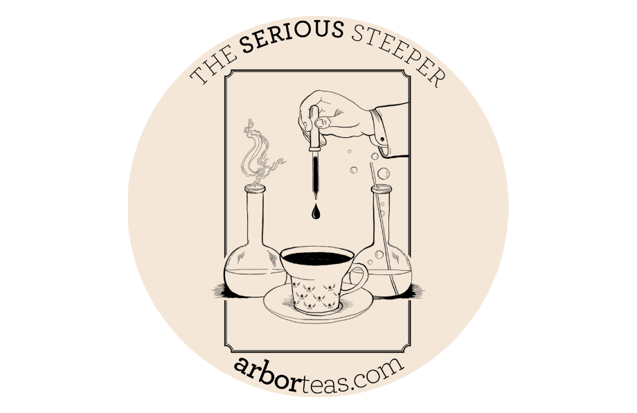 Logo for 'The Serious Steeper' with a hand dropping tea into a cup, surrounded by beakers