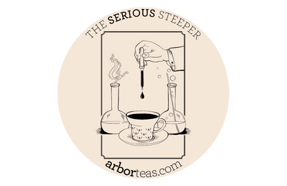 Logo for 'The Serious Steeper' with a hand dropping tea into a cup, surrounded by beakers