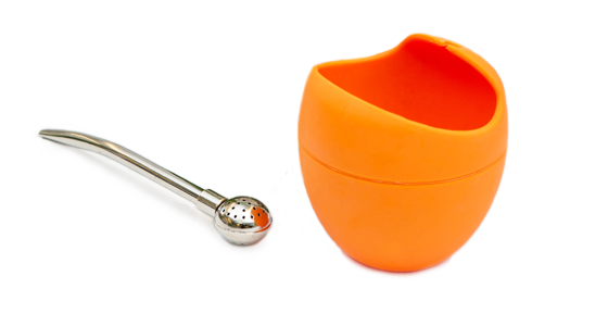 Orange silicone tea gourd with a metal tea straw