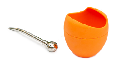 Orange silicone tea gourd with a metal tea straw