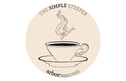 Logo for 'The Simple Steeper' with a teacup illustration