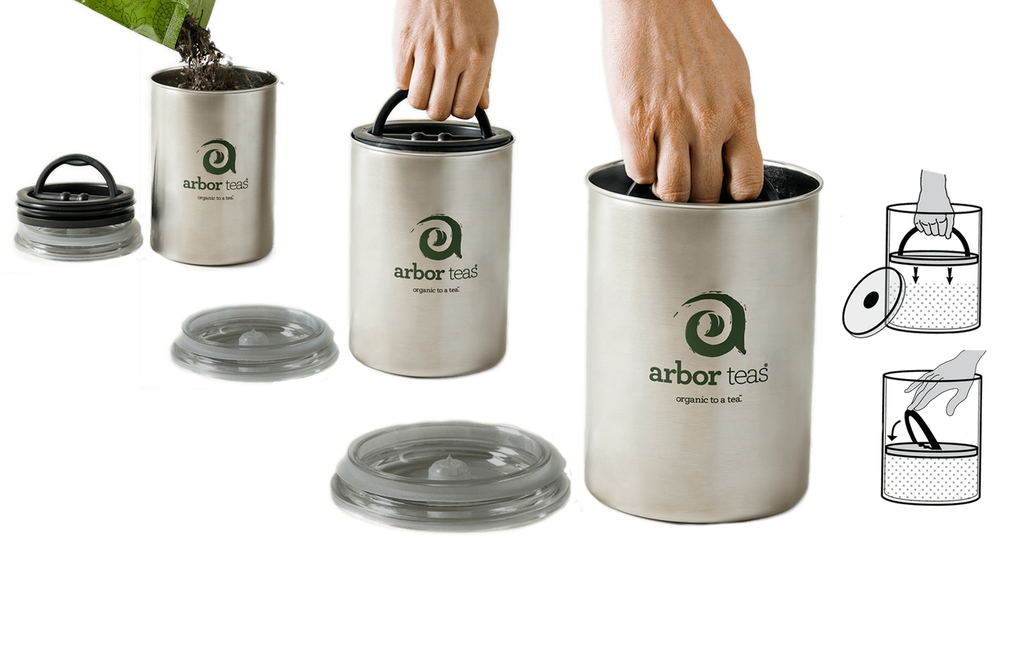 Three stainless steel containers and hand demonstrating how to plunge the interior lid