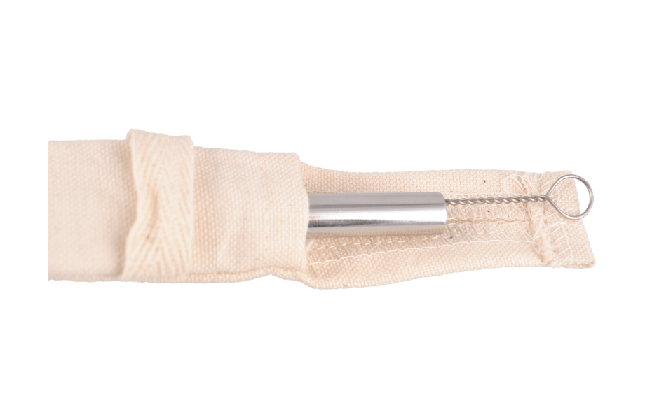 close up detail of stainless steel straw in cloth holder