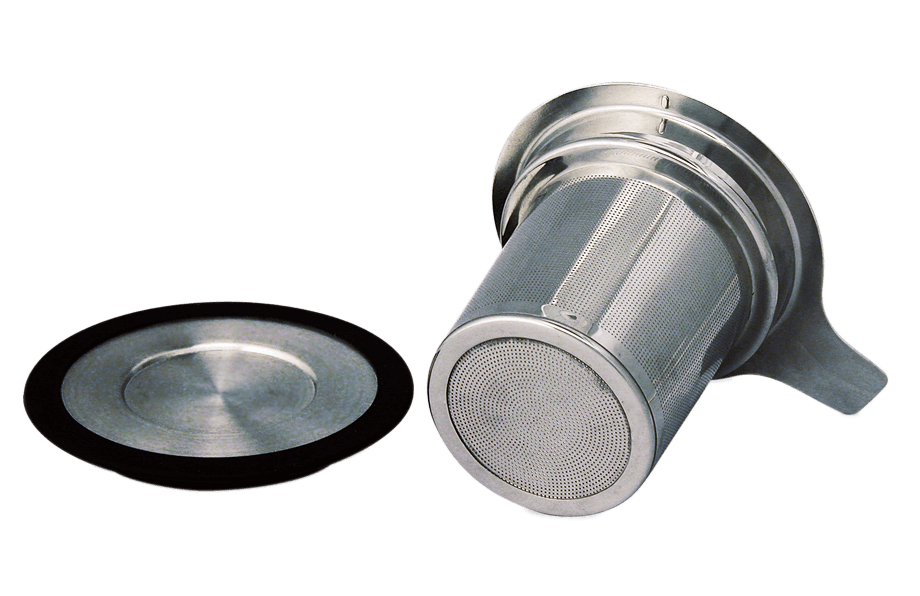 Bottom of stainless steel tea filter with black lid