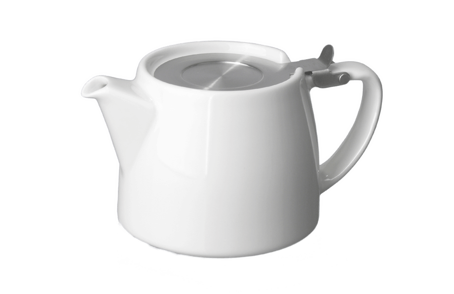 White ceramic teapot with a silver lid