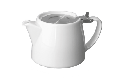 White ceramic teapot with a silver lid