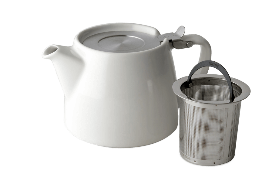 White ceramic teapot with a stainless steel tea infuser