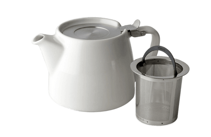 White ceramic teapot with a stainless steel tea infuser