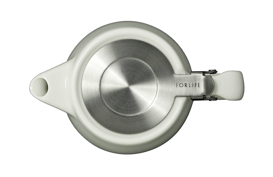 Top view of white ceramic teapot with stainless steel lid 
