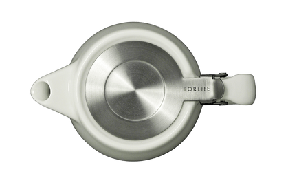 Top view of white ceramic teapot with stainless steel lid 