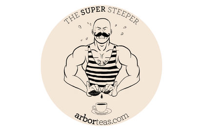 Logo for "Super Steeper" with a muscular figure squeezing tea leaves into a cup