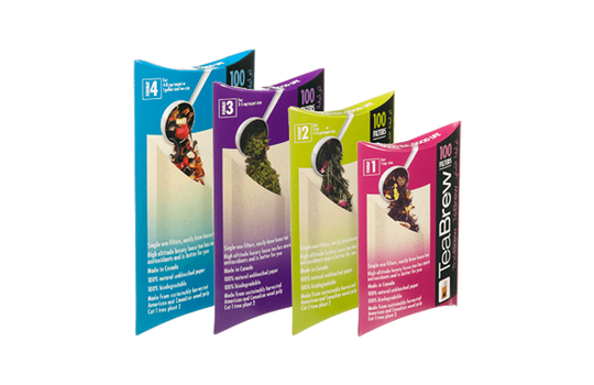 Four sizes of tea bags with branding