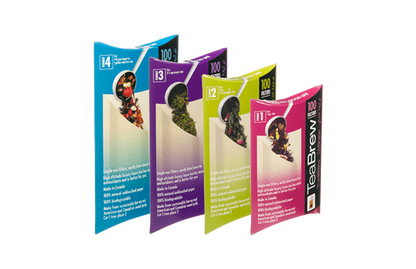 Four sizes of tea bags with branding