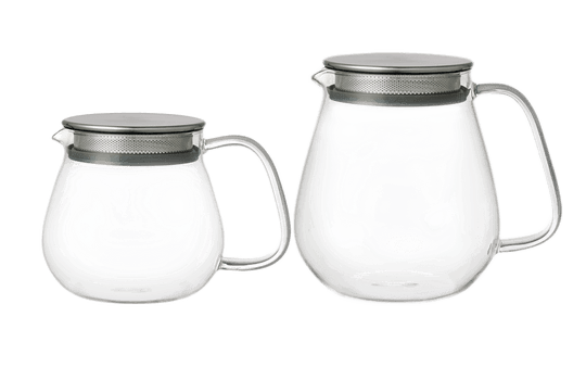 Two clear glass teapots with metal mesh lids