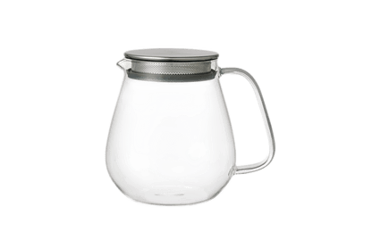 Clear glass pitcher with metal mesh lid 