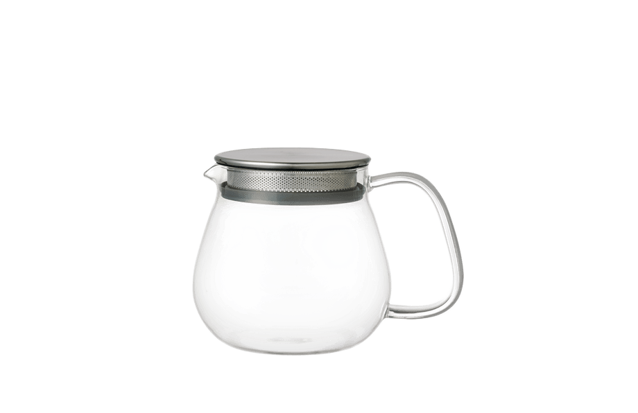 Clear glass teapot with a metal mesh lid 